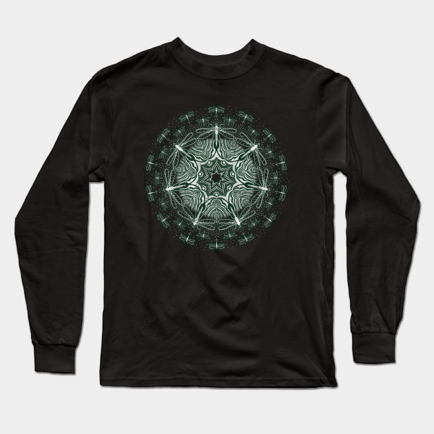 Symmetric Dragonflys - Distressed Shaded Mandala -Grn Long Sleeve T-Shirt by PacPrintwear8